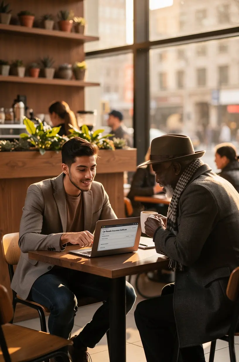 Изображение документа, подтверждающего сертификацию автострахования, лежащего на фоне автомобиля на продажу