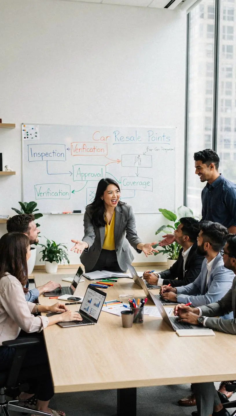 Фото профессионального агента по автострахованию, консультирующего клиента по вопросам перепродажи машины